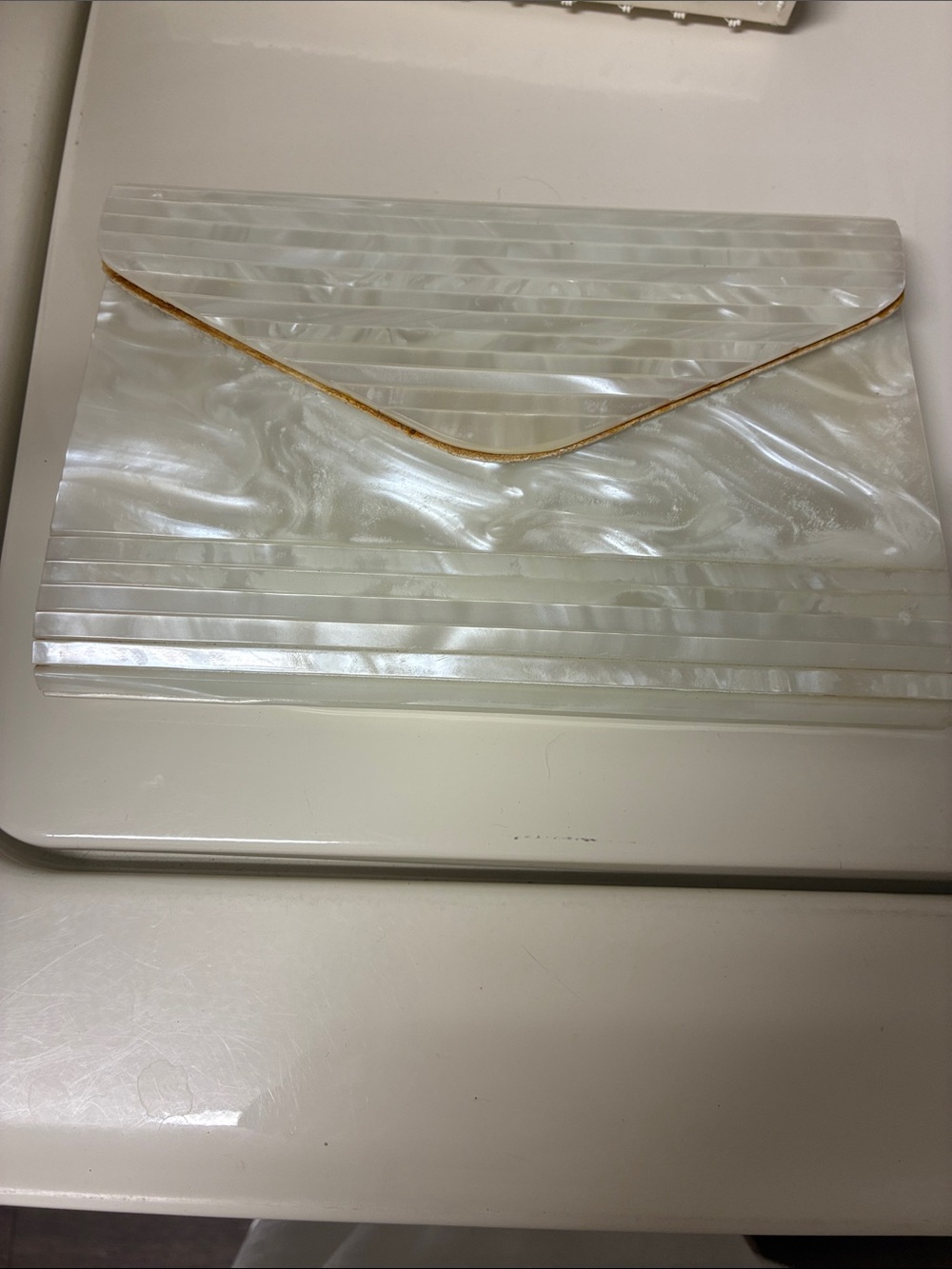 Pearlescent White Envelope Clutch with Gold Accent